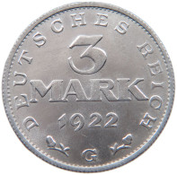 WEIMARER REPUBLIK 3 MARK 1922 G  #MA 098643 - 3 Marcos & 3 Reichsmark