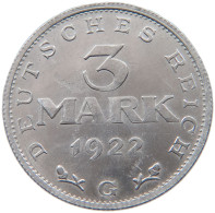 WEIMARER REPUBLIK 3 MARK 1922 G  #MA 098637 - 3 Mark & 3 Reichsmark