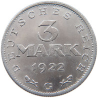WEIMARER REPUBLIK 3 MARK 1922 G  #MA 098635 - 3 Mark & 3 Reichsmark