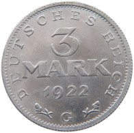 WEIMARER REPUBLIK 3 MARK 1922 G  #MA 098628 - 3 Marcos & 3 Reichsmark