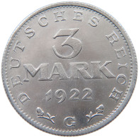 WEIMARER REPUBLIK 3 MARK 1922 G  #MA 098626 - 3 Marcos & 3 Reichsmark