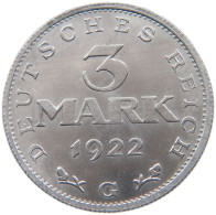WEIMARER REPUBLIK 3 MARK 1922 G  #MA 098623 - 3 Marcos & 3 Reichsmark