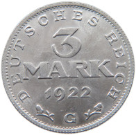 WEIMARER REPUBLIK 3 MARK 1922 G  #MA 098620 - 3 Marcos & 3 Reichsmark