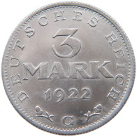 WEIMARER REPUBLIK 3 MARK 1922 G  #MA 098622 - 3 Marcos & 3 Reichsmark