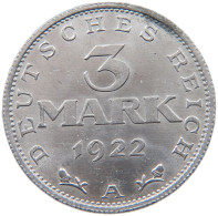 WEIMARER REPUBLIK 3 MARK 1922 A  #MA 098654 - 3 Mark & 3 Reichsmark