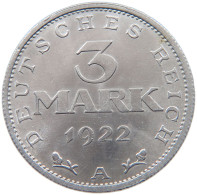 WEIMARER REPUBLIK 3 MARK 1922 A  #MA 098631 - 3 Mark & 3 Reichsmark