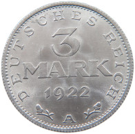 WEIMARER REPUBLIK 3 MARK 1922 A  #MA 098621 - 3 Mark & 3 Reichsmark