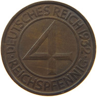 WEIMARER REPUBLIK 4 PFENNIG 1932 E 4 REICHSPFENNIG #MA 003098 - 4 Reichspfennig