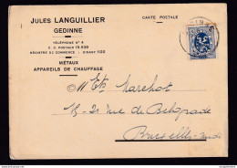 DDBB 166 - Carte Privée TP Lion Héraldique GEDINNE 1933 - Entete Jules Languillier , Métaux , Appareils De Chauffage - 1929-1937 Leone Araldico