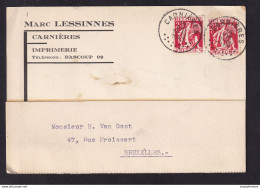 DDBB 148 - Carte Privée TP Cérès CARNIERES 1933 Vers BXL - Entete Imprimerie Marc Lessinnes , Tél. Bascoup 92 - 1932 Ceres And Mercurius