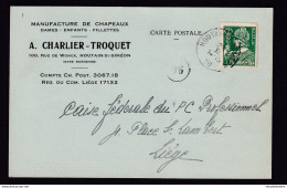 DDBB 152 - Carte Privée TP Mercure HOUTAIN ST SIMEON 1936 Vers LIEGE - Entete Manufacture De Chapeaux Charlier-Troquet - 1932 Ceres And Mercurius