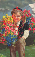 ENFANTS - Dessins D'enfants - Petit Garçon Avec Des Fleurs - Colorisé - Carte Postale Ancienne - Children's Drawings