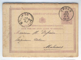 Entier Postal YPRES 1877 Repiquage LIBRAIRE - IMPRIMEUR VAN Der GHINSTE-FOSSE  --  1546 - Tarjetas 1871-1909