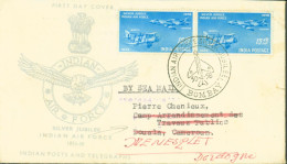 First Day Cover Silver Jubilee Indian Air Force Bombay 30 4 1958 YT Indian Air Forcce India Postage N°7 X2 Pour Cameroun - Brieven En Documenten
