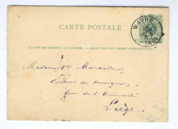 Entier WAVRE à LIEGE 1884 Origine Manuscrite BASSE WAVRE  --  1813 - Cartes Postales 1871-1909