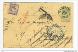 Entier Carte Postale 5 C Armoiries (5c Trop Peu) AERSEELE 1903 Vers France Taxée Timbre-Taxe 10 C à Paris   --  5/044 - Cartes Postales 1871-1909