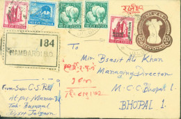 Inde Enveloppe Entier Brun 20P Recommandé Hambardi YT 224 228 X2 192 332 Taxe Refugee Relief Hambardi BO Jalgaon 8 5 72 - Covers