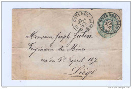 BUREAU SAISONNIER - Enveloppe 10c  OSTENDE BAINS 1892 Vers LIEGE --  548 PP - Covers