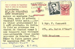 Entier Postal  Lion Héraldique + TP Baudouin Lunettes BRUXELLES 1972 - Cachet Festival CHIMAY -- C0/970 - Postkarten 1951-..