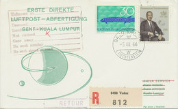 LIECHTENSTEIN 1966 Selt. Mitläuferpost Der SWISSAIR GENF - KUALA LUMPUR Malaysia - Luftpost