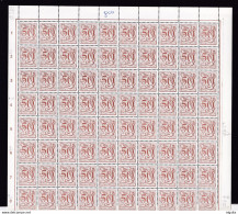 387B/30 -- Lion Héraldique 50 C 1958 - Feuille Complète De 100 Exemplaires., Nombreuses Variétés Luppi Repérées. - 1977-1985 Zahl Auf Löwe (Chiffre Sur Lion)