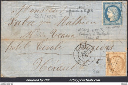 FRANCE N°55+60 SUR LETTRE POUR BEZIERS AVEC AMBULANT LIMT LIMOGES A TOULOUSE - 1871-1875 Cérès