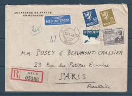 Norvège - Lettre De L'ambassade En Recommandé Pour Paris En 1948 Par Avion - Covers & Documents