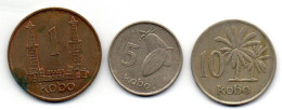 NIGERIA - Set Of Three Coins 1, 5, 10 Kobo, Bronze, Copper-Nickel, Year 1973, 1976, KM # 8.1, 9.1, 10.1 - Nigeria