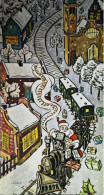 ► Illustration Père Noel   La Distribution   Des Jouets   Petit Train à Vapeur   Village église   Carte Non écrite - Jeux Et Jouets