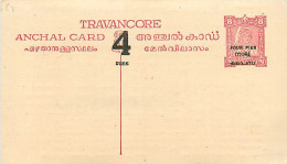 India, Princely State Travancore, Postal Card, 4 Pies Overprint, Inde Indien - Travancore