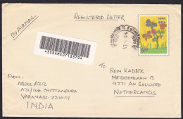 India: Registered Stationery Cover To Netherlands, 2004, Butterfly, Flower, ATM Machine Label At Back (traces Of Use) - Brieven En Documenten