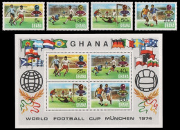 Ghana 1974 - Mi-Nr. 564-567 A & Block 57 A ** - MNH - Fußball / Soccer, Football - Ghana (1957-...)
