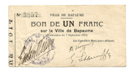 1914-1918 // Ville De BAPAUME (Pas De Calais 62) // Bon De Un Franc - Bonos