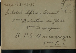 Franchise Militaire  - LAC   Obl LAEKEN  - H 1 H - 02/12/39  Vers BPS 4 En Campagne - Zonder Portkosten