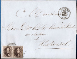 Belgium 1858, Nov 16, 10 C Pair On Full Letter From Anvers - Antwerpen - To Brussels 2311.1805 - 1849-1865 Medallones (Otros)