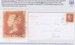 Ireland GB Used In 1862 LC14 1d Red Reserve Plate R15 GE Tied DUBLIN/186 To Cover To York - Préphilatélie