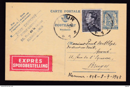 DDBB 052 - Entier Postal Petit Sceau + TP Poortman En EXPRES - NAMUR 1943 Vers BRUGES - Origine SALZINNE - Cartes Postales 1934-1951