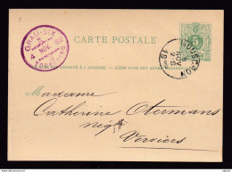 593/37 -- Usage TRANSFRONTALIER - Entier Lion Couché MOUSCRON 1882 Vers VERVIERS - Origine Grau-Six à TOURCOING - Cartes Postales 1871-1909