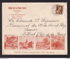 DDCC 572 - Enveloppe Illustrée TP Col Ouvert COUVIN 1938 Vers DILBEEK - Hotel De La Place Verte , Bustin-Cocriamont - 1936-1957 Offener Kragen