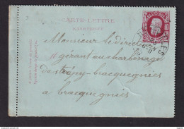 592/37 -- Carte-Lettre Type Emission De 1869 NEUFVILLES 1885 Vers BRACQUEGNIES - Signée Félicien André - Kartenbriefe