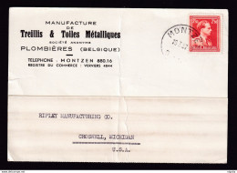 DDBB 909 - CANTONS DE L'EST -Carte Privée TP Col Ouvert MONTZEN 1957 - Manufacture De Toiles Métalliques à PLOMBIERES - 1936-1957 Offener Kragen