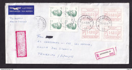 38/968 - Enveloppe Recommandée ANTWERPEN 1985 Vers TENERIFE -  MIXTE TP Velghe + Etiquettes ATM - Réellement Circulée - Cartas & Documentos