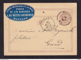 DDDD 177 -- Entier Postal Lion Couché MALINES 1875 Vers GAND - Grande Vignette Tissus De Lin De Witte-Lousbergs - Cartes Postales 1871-1909