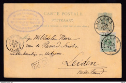 DDEE 364  - Entier Lion Couché + TP Dito ROULERS 1891 Vers LEIDEN - Cachet Boekhandelaar De Seyn-Verhougstraete - Briefkaarten 1871-1909