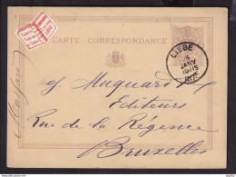DDEE 361  - Entier Postal Lion Couché LIEGE 1875 Vers BXL - TB Vignette Papeterie Massard à Liège - Briefkaarten 1871-1909