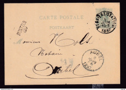 DDEE 166 - GRIFFES Des CANTONS DE L'EST - Entier Postal Lion Couché VERVIERS Station 1887 - Griffe MONTZEN (B) - Linear Postmarks