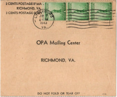 (N68) USA SCOTT  Block Of 3 # 899 - Application For War Ration Book N°3 - Lynchburg VA - Richmond VA. - 1943 - Storia Postale