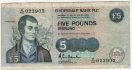 SCOTLAND  5 Pounds  Clydesdale Bank PLC   P218a  Dated 2 April 1990 ( Robert Burns + Mouse & Rose At Back ) - 5 Pond