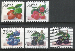 USA 2000 Fruit Berries Vertical Coil P.8.5 - SC# 3404/7 - Cpl 4v Set + BlackBerry 3406 With P#G1111 - Used - Varietà, Errori & Curiosità