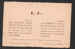 1944 MARIAGE EGLISE SAINT JEAN VALENCE / LEYRONAS GREBERT / CASERNE CHAMPIONNET  D3020 - Mariage